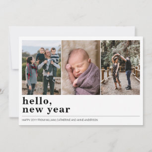Simple Hello Happy New Year Typography 3 Photo Holiday Card