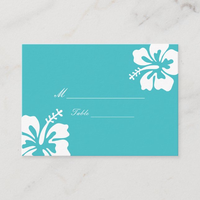 Simple Hibiscus Turquoise Wedding Place Card (Front)