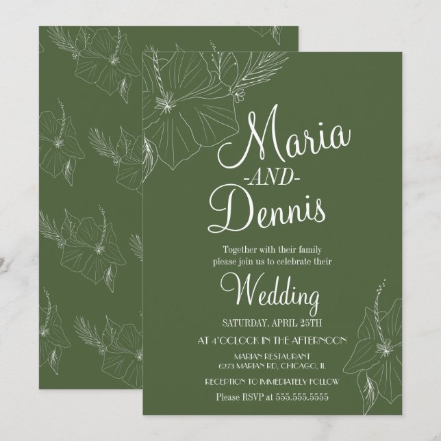 Simple HibiscusTropical Line Green Invitation (Front/Back)