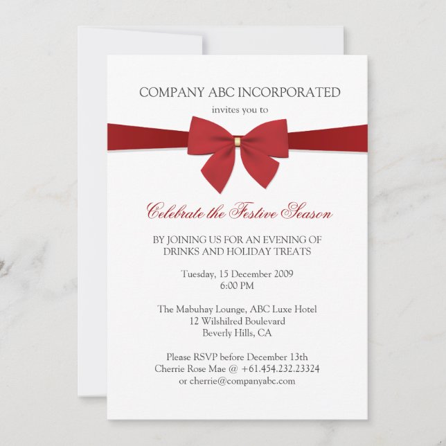 Simple Holiday Red Ribbon Corporate Party Invitation (Front)