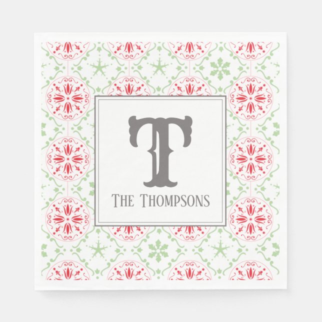 Simple Holiday Snowflake Pattern Monogram Initial Napkin (Front)