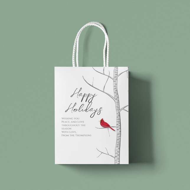 Simple Holiday Winter Red Cardinal Birch Tree  Medium Gift Bag (Happy Holiday red carinal gift bag with customized gift message)