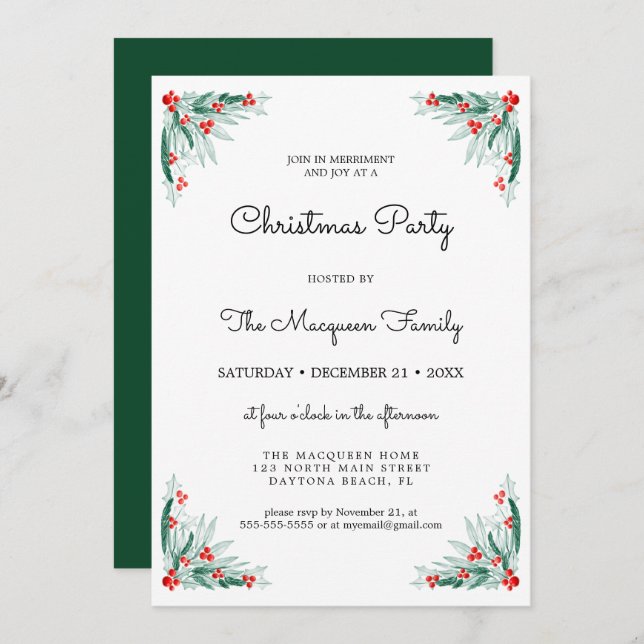 Simple Holly Berry Ivy Leaves Christmas Party Invitation (Front/Back)