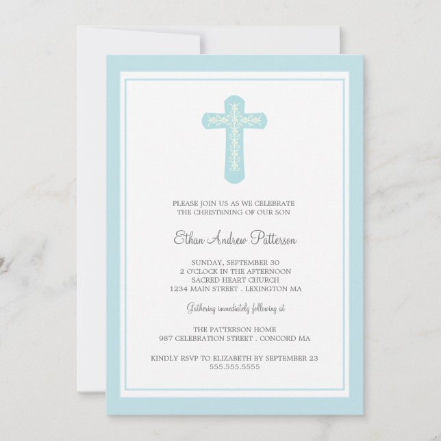 Simple Holy Cross Blue Boy Christening Invitation (Front)