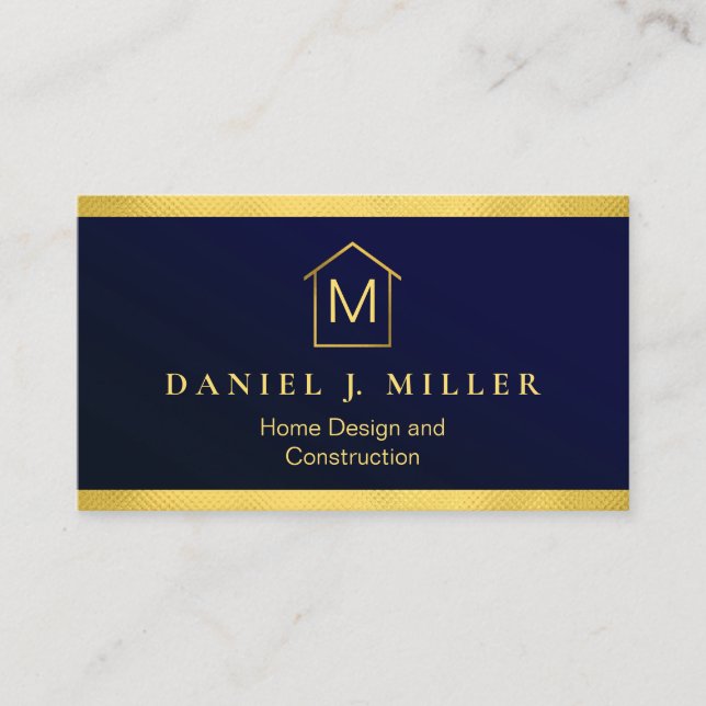 Simple Home Logo Monogram Modern Navy Blue Business Card (Front)