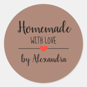 Simple Homemade with love brown script custom Classic Round Sticker