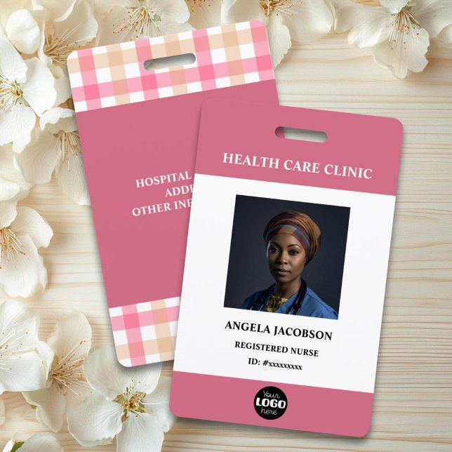 Simple Hospital Employee Logo Pink Photo ID Badge (Creator Uploaded)