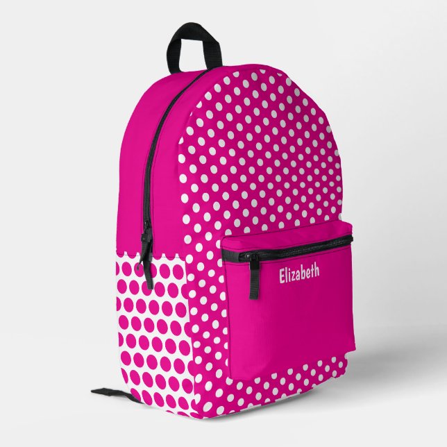 Simple Hot Pink and White Dots Dotted Pattern Name Printed Backpack (Back Corner Left)