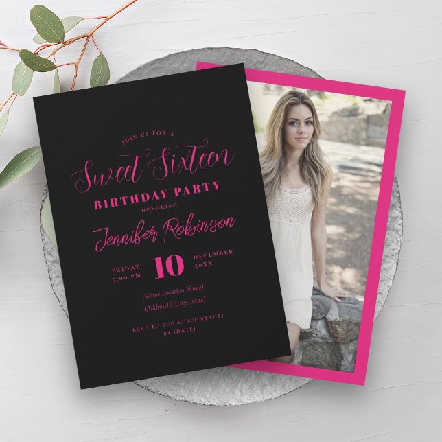 Simple Hot Pink Black Photo Sweet 16 Sixteen  Invitation (Simple Hot Pink Black Photo Sweet 16 Sixteen Invitation)