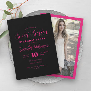 Simple Hot Pink Black Photo Sweet 16 Sixteen  Invitation