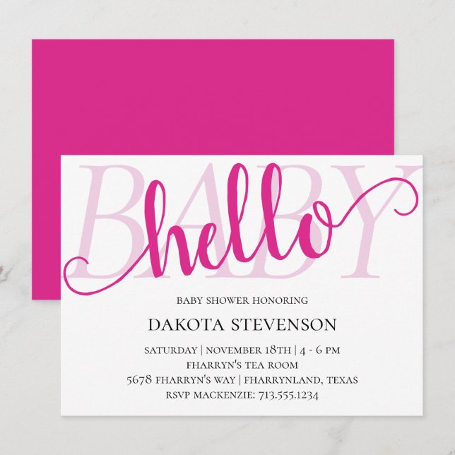 Simple Hot Pink Hello Baby | Magenta Script Shower Invitation (Front/Back)