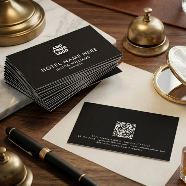 Simple Hotel Logo Name with Job Title Qr Code Business Card (Creator Uploaded)