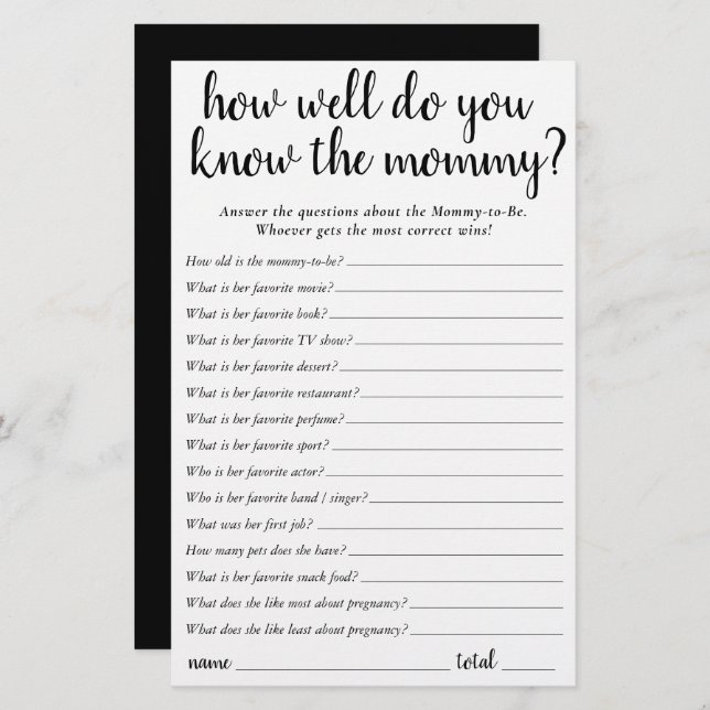 Simple How Well Do You Know Mummy | Black Keepsake (Front/Back)