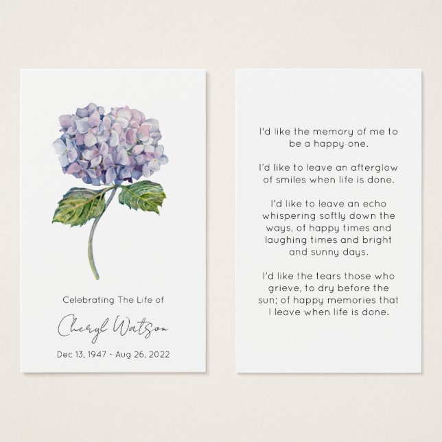 Simple Hydrangea Funeral Memorial Prayer Card (Front & Back)