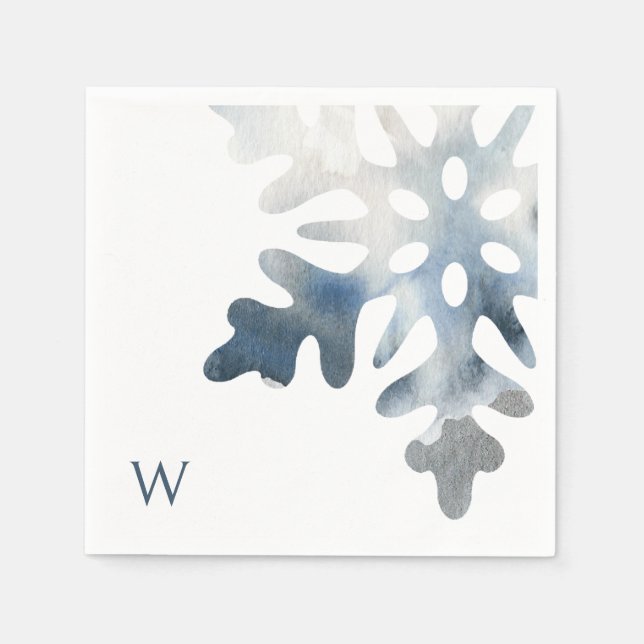 Simple Icy Blue Large Snowflake Monogram Cocktail Napkin (Front)