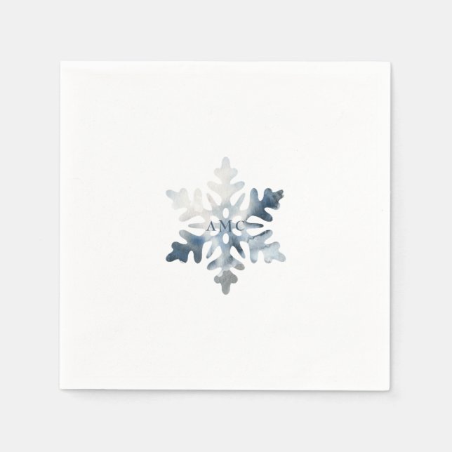 Simple Icy Blue Snowflake Monogram Cocktail Napkin (Front)