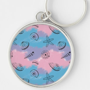 Simple Illustrated Seashells on Cool Colours Key Ring