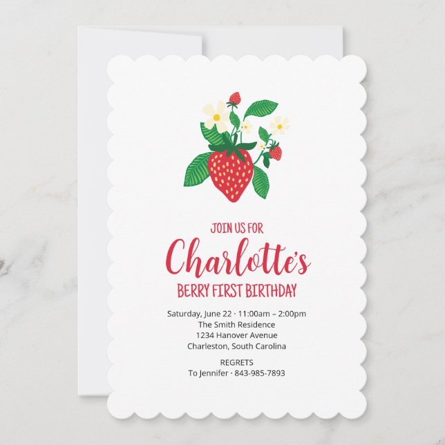 Simple Illustrated Strawberry First Birthday  Invitation (Front)