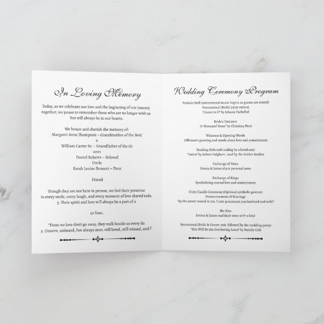 Simple in loving memory wedding programme (Inside)