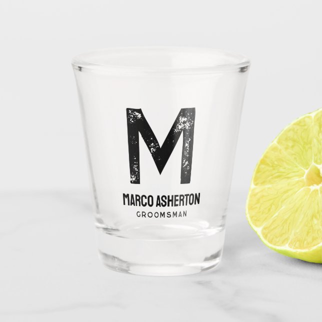 Simple initial and name black text bachelor party shot glass (Front)