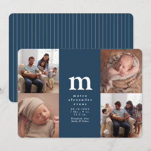 Simple initial four photo collage navy blue birth announcement