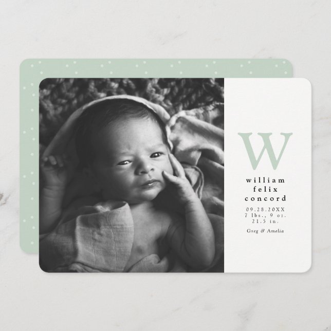 Simple initial one photo green birth announcement (Front/Back)