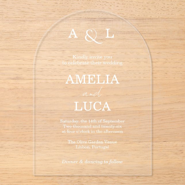 Simple Initials Elegant Calligraphy Arch Wedding A Acrylic Invitations (Front)