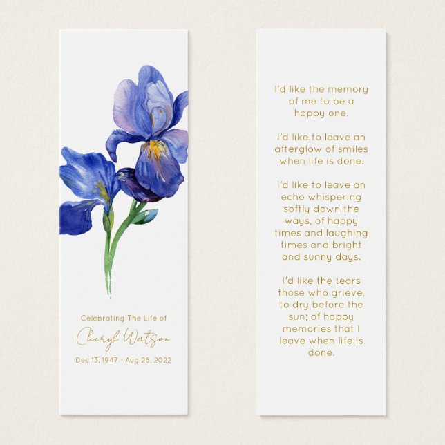 Simple Iris Funeral Memorial Bookmark (Front & Back)