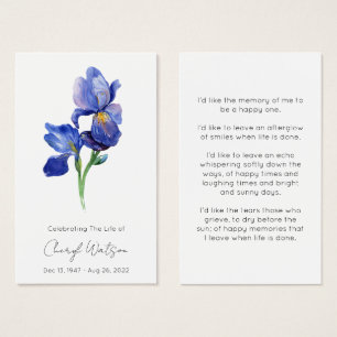 Simple Iris Funeral Memorial Prayer Card
