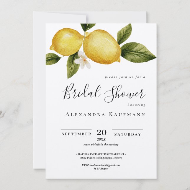Simple Italia Lemon Calligraphy Bridal Shower Invitation (Front)