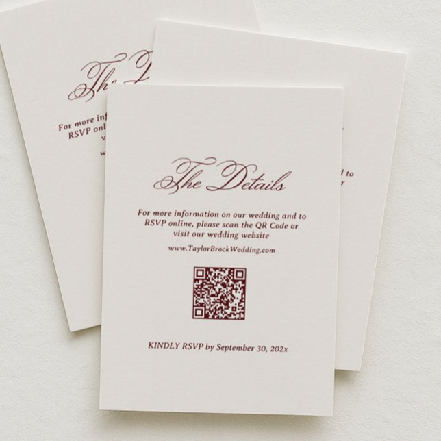 Simple Ivory and Burgundy Wedding Details Qr Code Enclosure Card (Creator Uploaded)