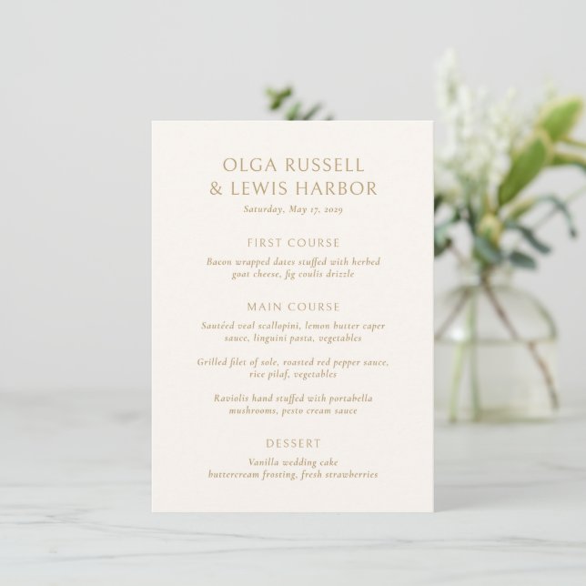 Simple Ivory and Gold Modern Wedding Menu (Standing Front)