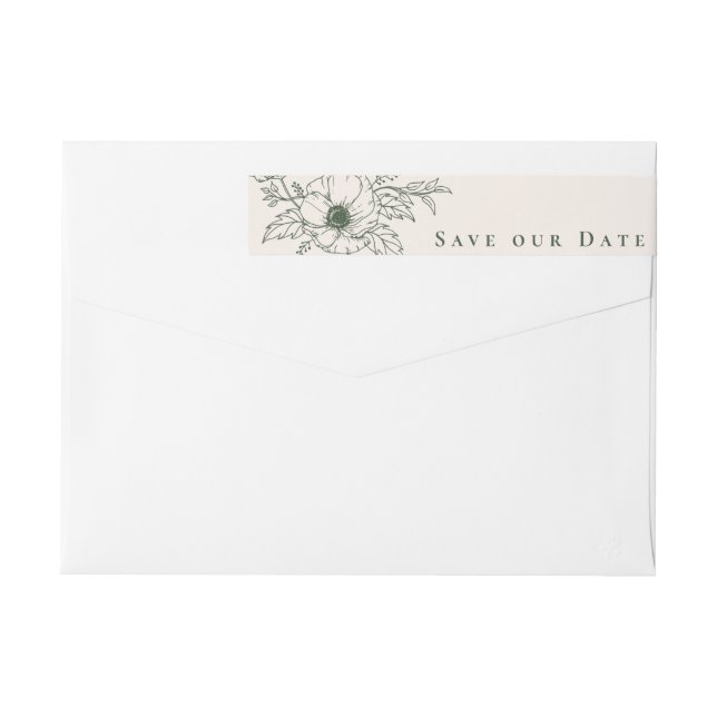 Simple Ivory Anemone Art Floral Save the Date Wrap Around Label (Back)