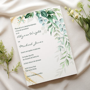 Simple ivory gold greenery leaf floral Wedding Invitation