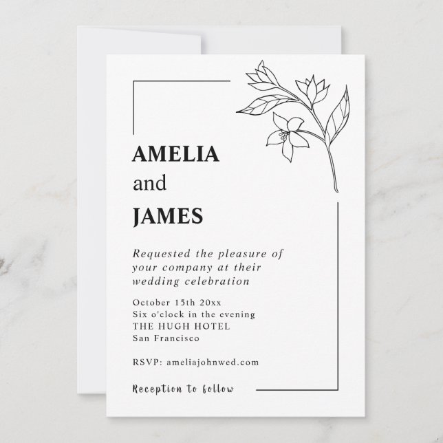 Simple Jasmine Leaf Black White Typewriter Wedding Invitation (Front)