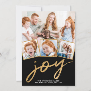 Simple Joy 5 Photo Gold Script Black  Holiday Card