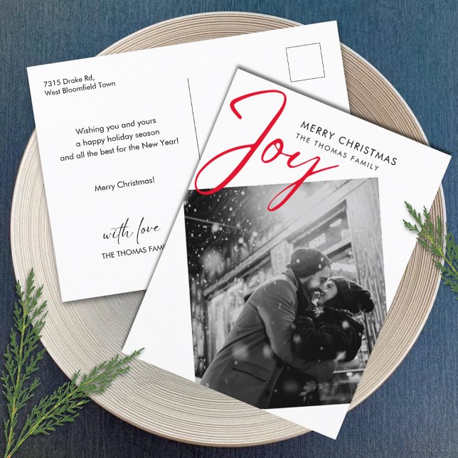 Simple Joy Christmas Minimalist Red Photo  Holiday Postcard (Creator Uploaded)