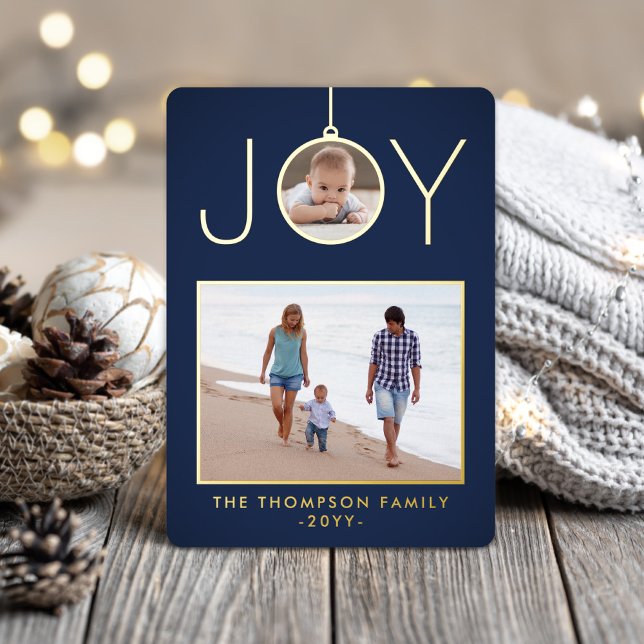 Simple Joy Christmas Ornament 2 Photo Navy & Gold (Creator Uploaded)