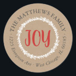 Simple Joy Kraft Round Return Address Label<br><div class="desc">Affordable custom printed round return address stickers personalised with your family name and return address. This rustic modern holiday design features red JOY lettering and branches on a faux kraft paper background. Use the design tools to change the background colour and fonts to further customise your own unique Christmas return...</div>