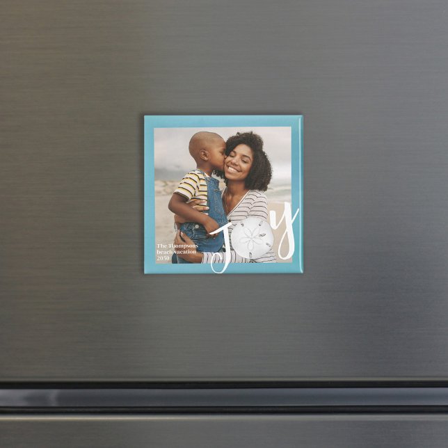 Simple Joy Typography Minimalist Overlay Custom Magnet (Simple joy typography style photo magnet with a turquoise background.)