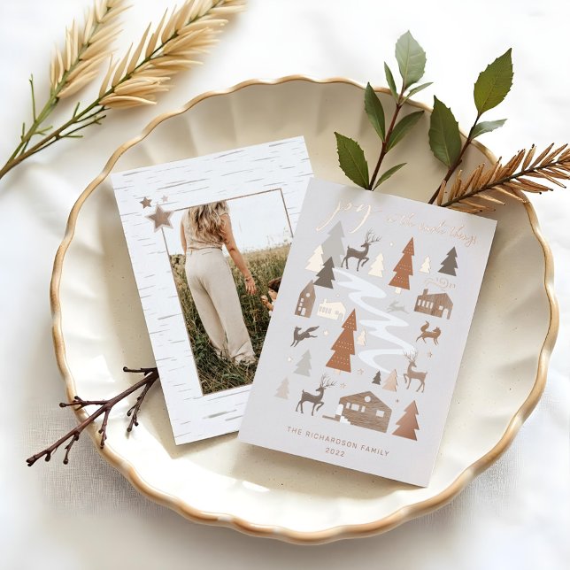 Simple Joy Woodland Animals & Cosy Village Photo (Simple Joy Woodland Animals & Cozy Village Photo Foil Holiday Card)