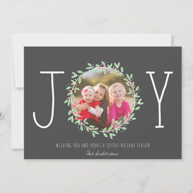 Simple Joy Wreath Dark Grey Christmas Photo Holiday Card (Front)