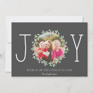 Simple Joy Wreath Dark Grey Christmas Photo Holiday Card