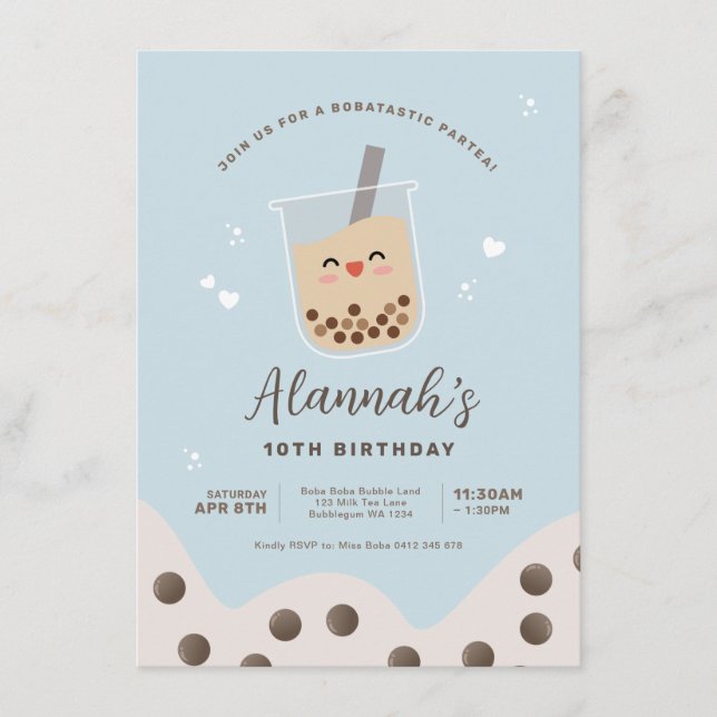 Simple Kawaii Boba Bubble Milk Tea Blue Birthday Invitation (Front)