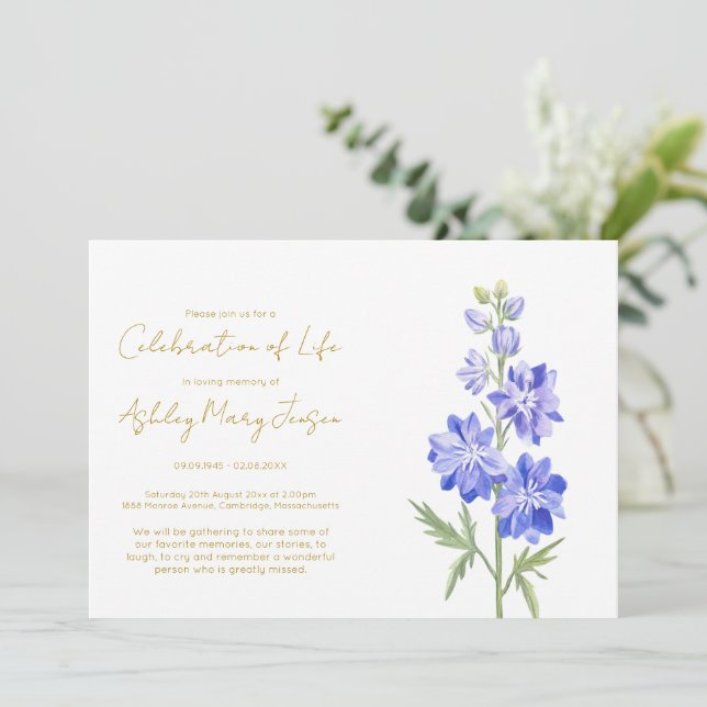 Simple Larkspur Celebration of Life  Invitation (Standing Front)