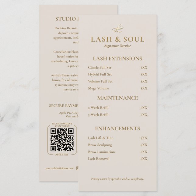 Simple Lash Brows Makeup Artist Price List QR Menu (Front/Back)