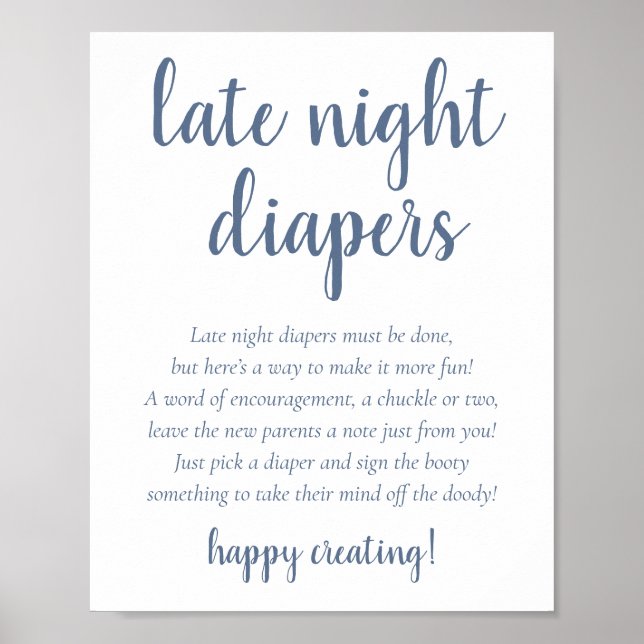 Simple Late Night Diapers | Dusty Blue Baby Shower Poster (Front)