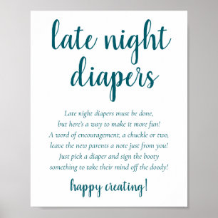 Simple Late Night Diapers Teal Aqua Baby Shower Poster