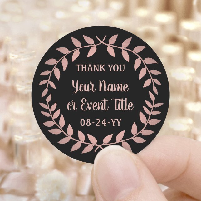 Simple Laurel Wreath Black and Pink Thank You Classic Round Sticker (Creator Uploaded)