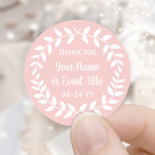 Simple Laurel Wreath Blush Pink & White Thank You Classic Round Sticker